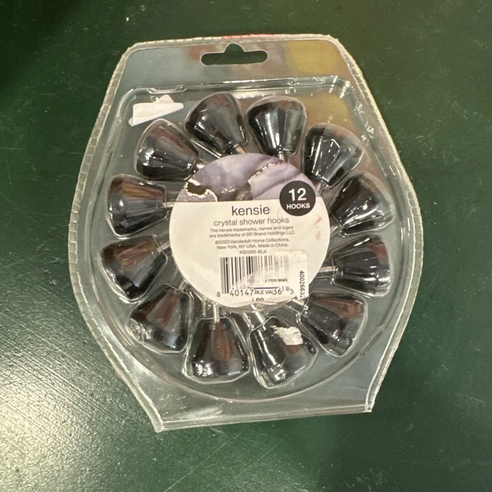 Kensie 12 Crystal Jewel Shower Hooks Set Black NEW Chrome Finish